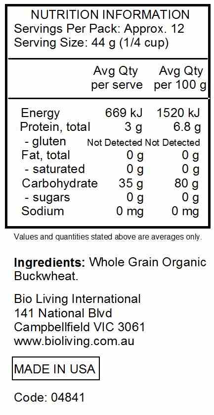 Bob's Red Mill Certified Organic Creamy Buckwheat Cereal 510g nutrtional information