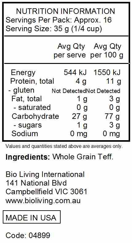 Bob's Red Mill Gluten Free Teff Flour 680g nutrtional information