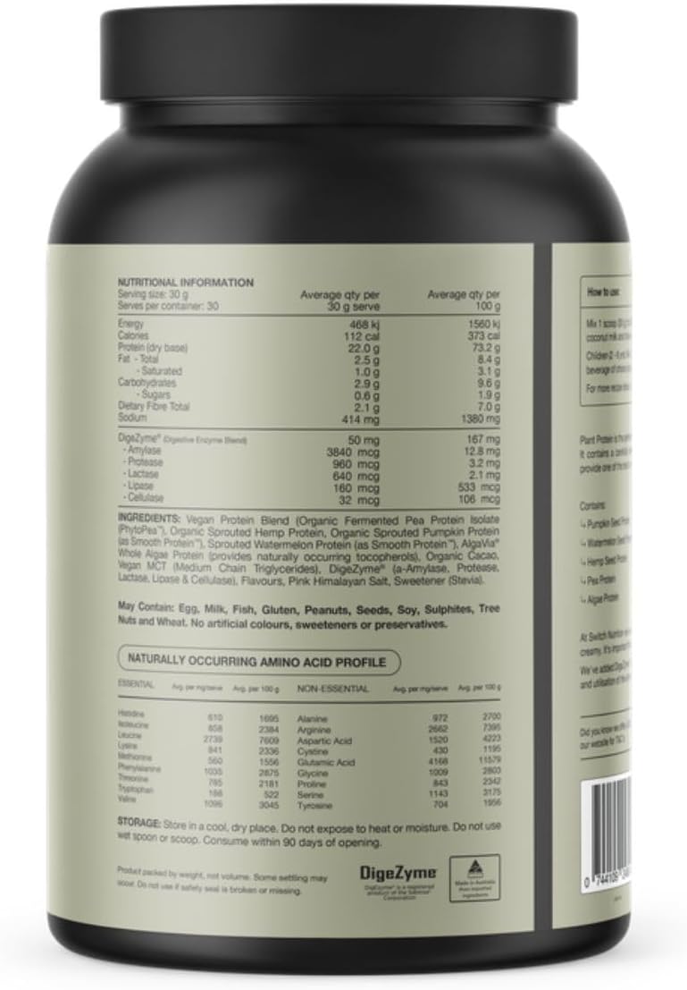 Switch Nutrition Organic Protein Sprouted Plant Choc Sea Salt 900g - BB 10/12/26