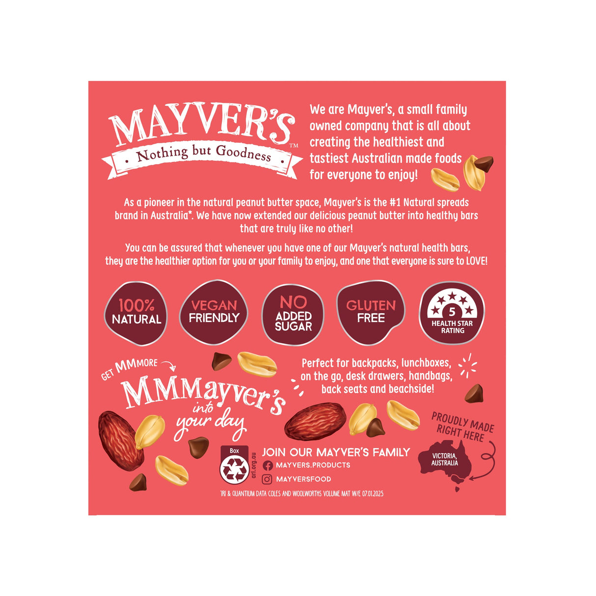 Mayver’s Naked Health Bars Choc Chip Crunchy Peanut Butter 150g x 5 bars Back