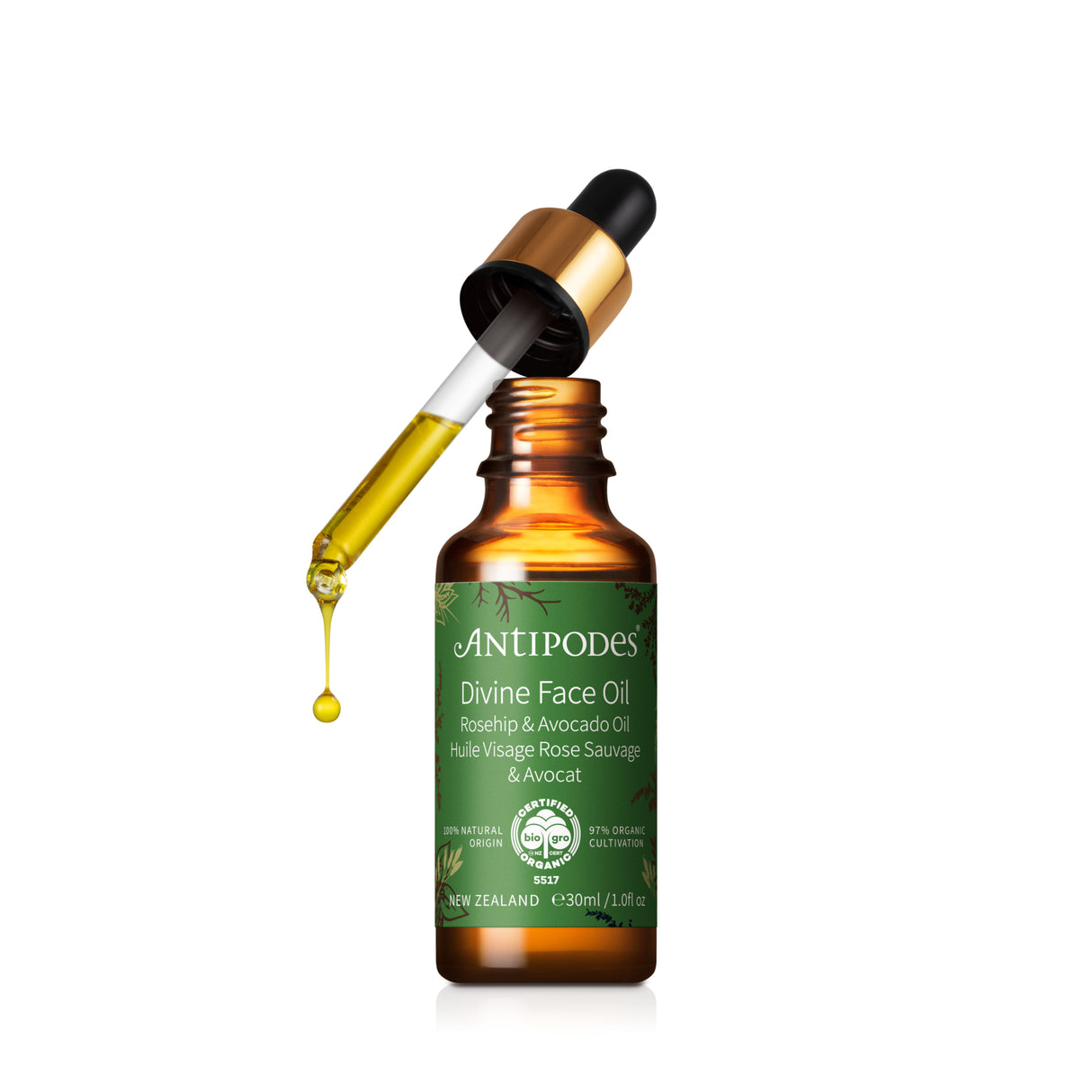 Antipodes Divine Rosehip and Avocado Face Oil dropper dispensing oil