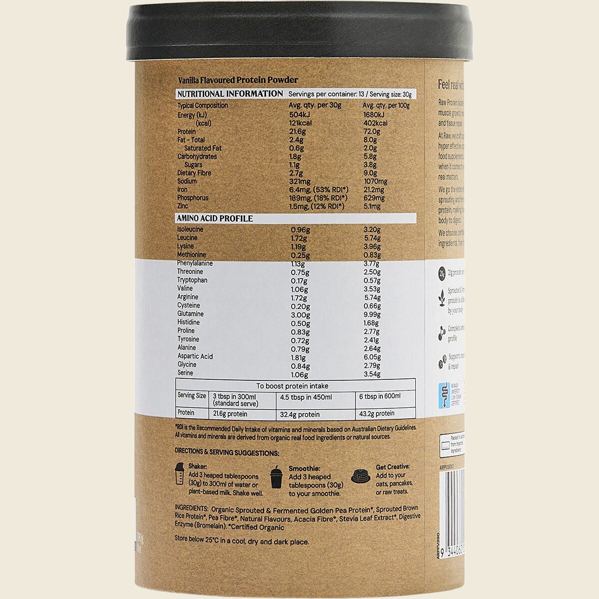 Amazonia Raw Protein Isolate Vanilla 390g Side