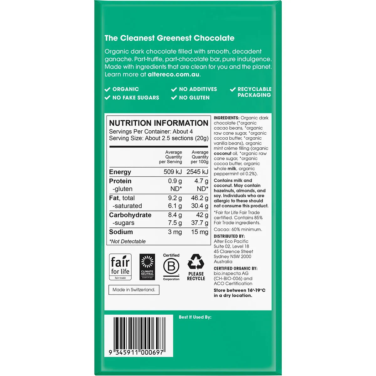 Alter Eco Chocolate Organic Mint Creme Dark Truffle Thins