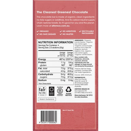 Alter Eco Chocolate Organic Dark Quinoa Crunch 80g