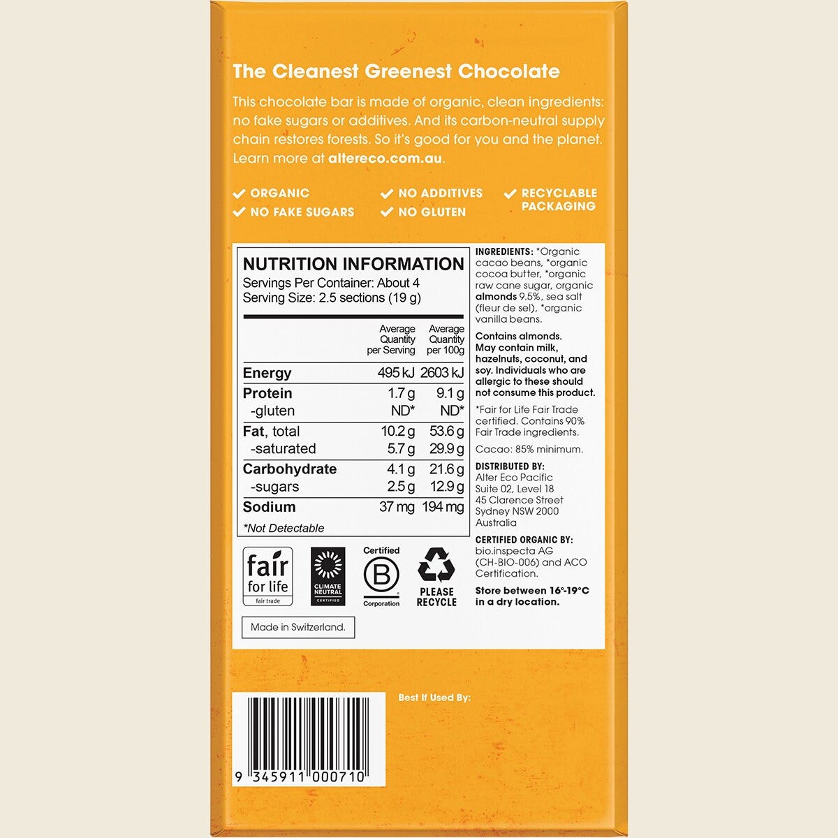 Alter Eco Chocolate Organic Dark Almonds Blackout 75g Pack of 12 Back