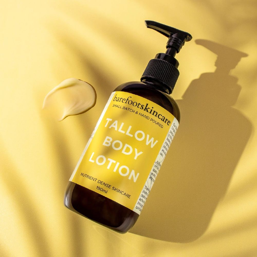 Barefoot Skincare Tallow Body Lotion pump bottle with soft shadow on neutral background