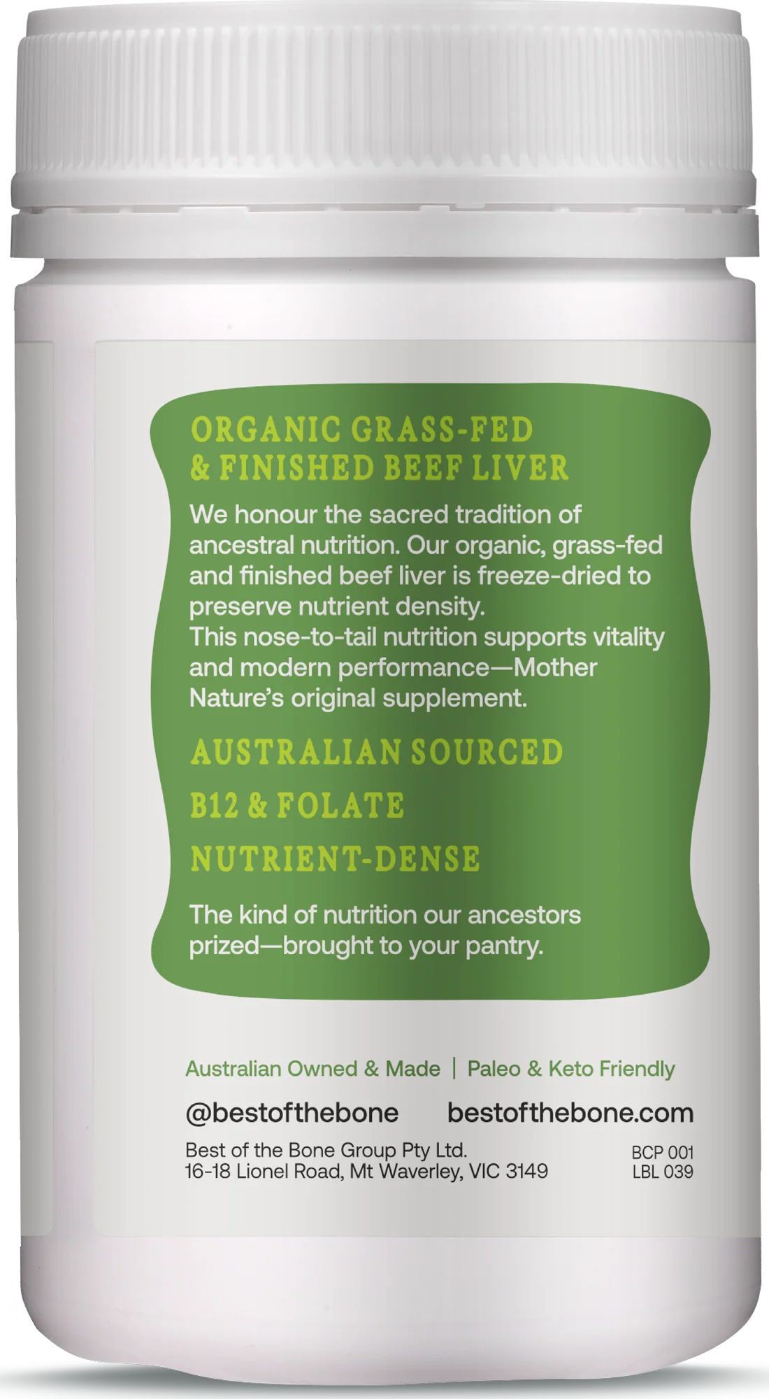 Best of the Bone Organic Beef Liver Nutrient Dense Superfood 180c
