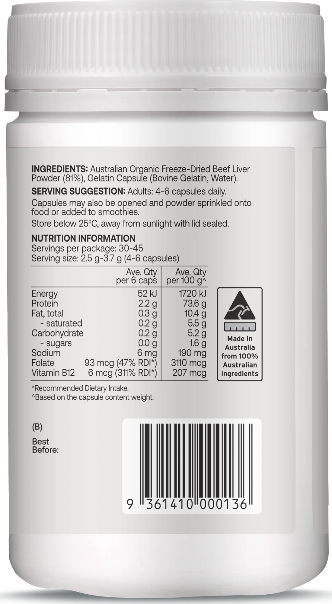 Best of the Bone Organic Beef Liver Nutrient Dense Superfood 180c