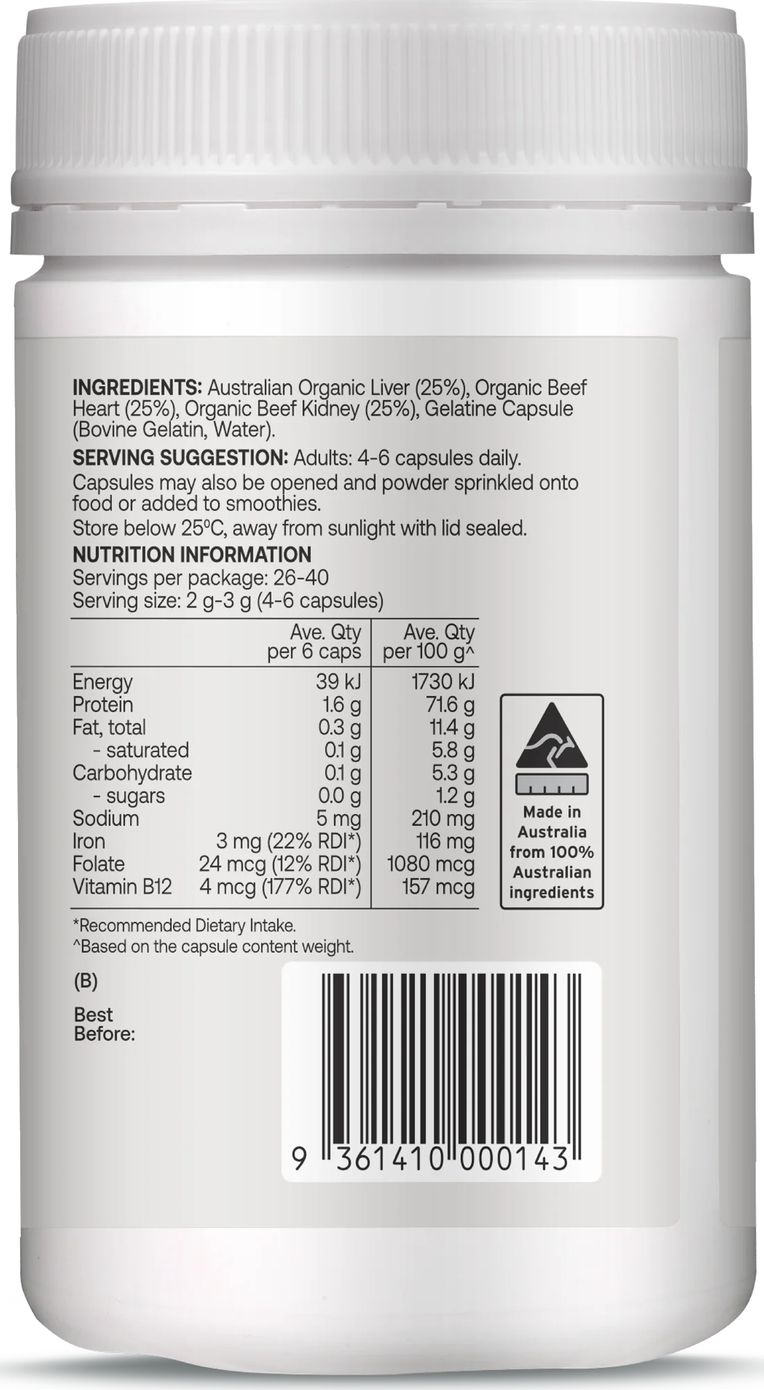 Best of the Bone Organic Beef Organ Complex Liver, Heart & Kidney 160 capsules