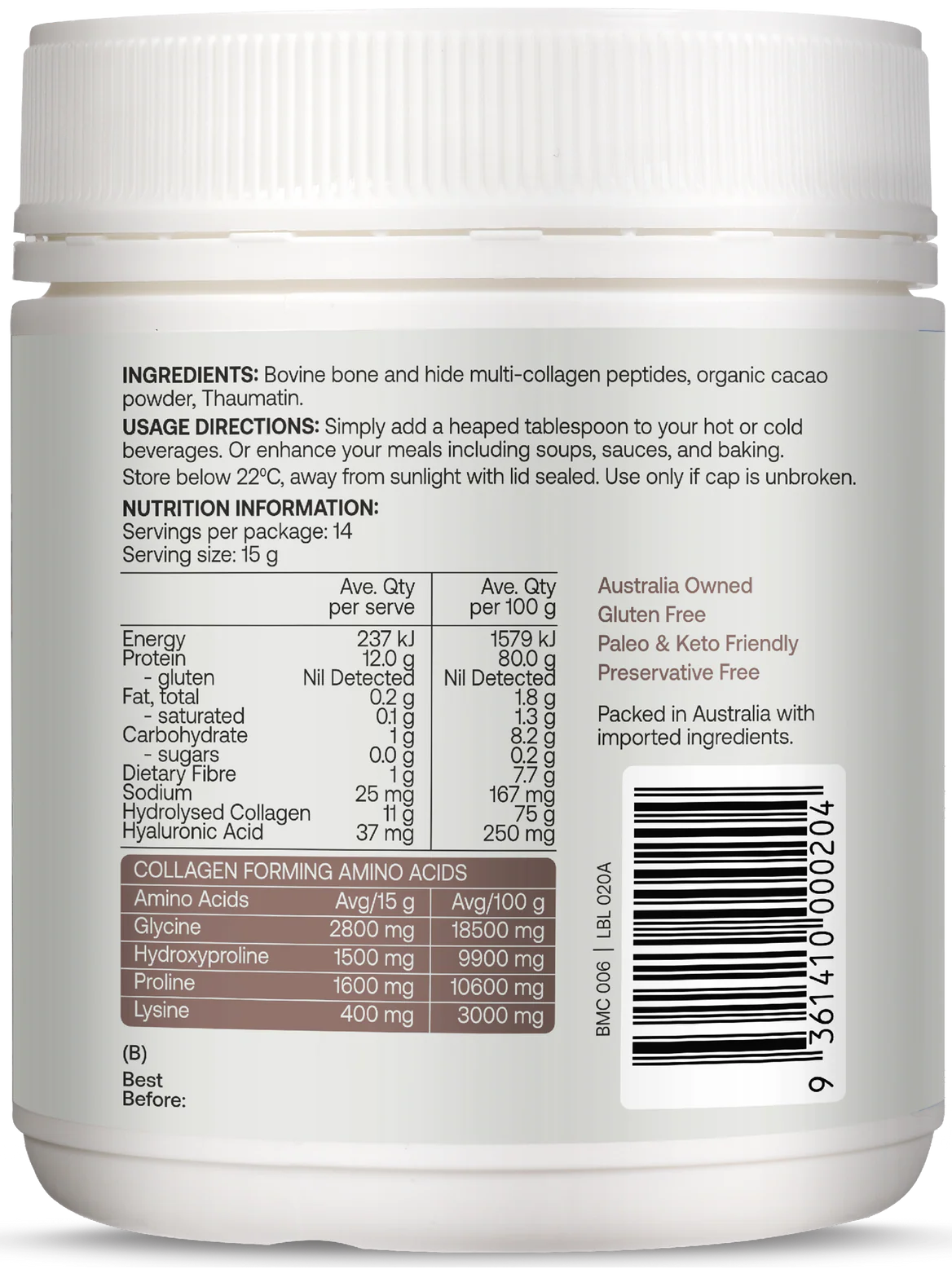 Best of the Bone Multi-Collagen Protein Powder Raw Organic Cacao 210g