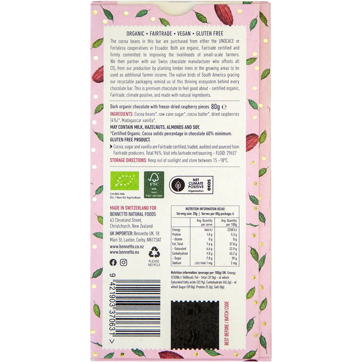 Bennetto Organic Dark Chocolate Raspberries In Dark 80g