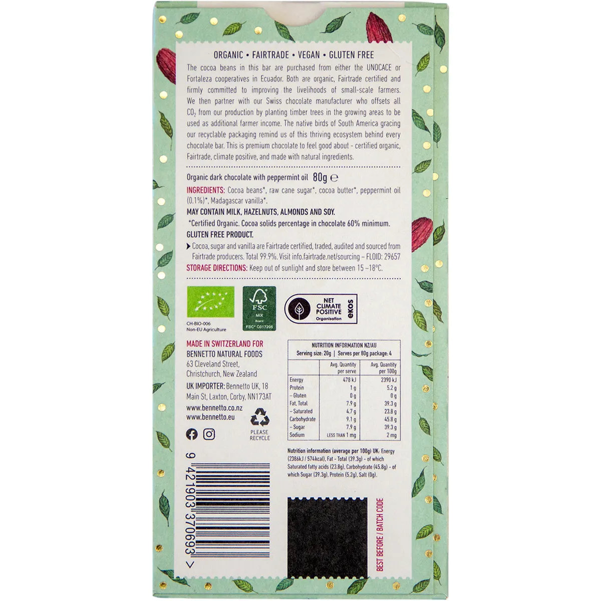 Bennetto Organic Dark Chocolate Dark Mint 80g