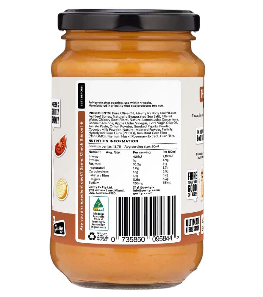 Gevity Rx Bone Broth Better Belly BBQ Sauce 375ml product packaging view 3