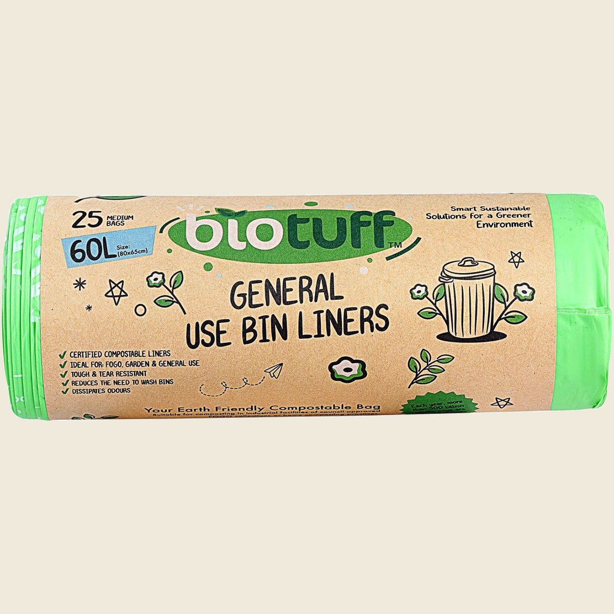 Biotuff General Use Bin Liners Large 60L x 25 Bags front