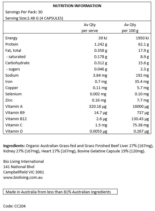 Chief Nutrition Organic Beef Liver Heart & Kidney 120 Capsules