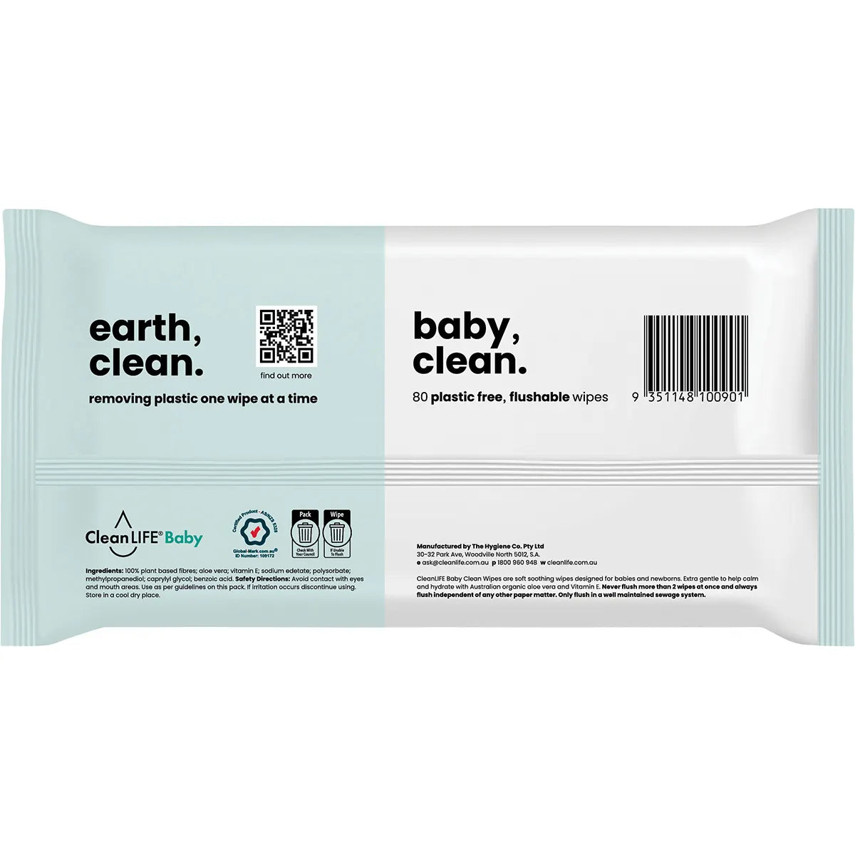CleanLife Baby Clean Flushable Plastic Free Wipes 80pk