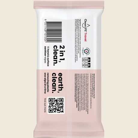 CleanLife 2 In 1 Plastic Free Wipes Hand and Surface Sanitiser 15pk