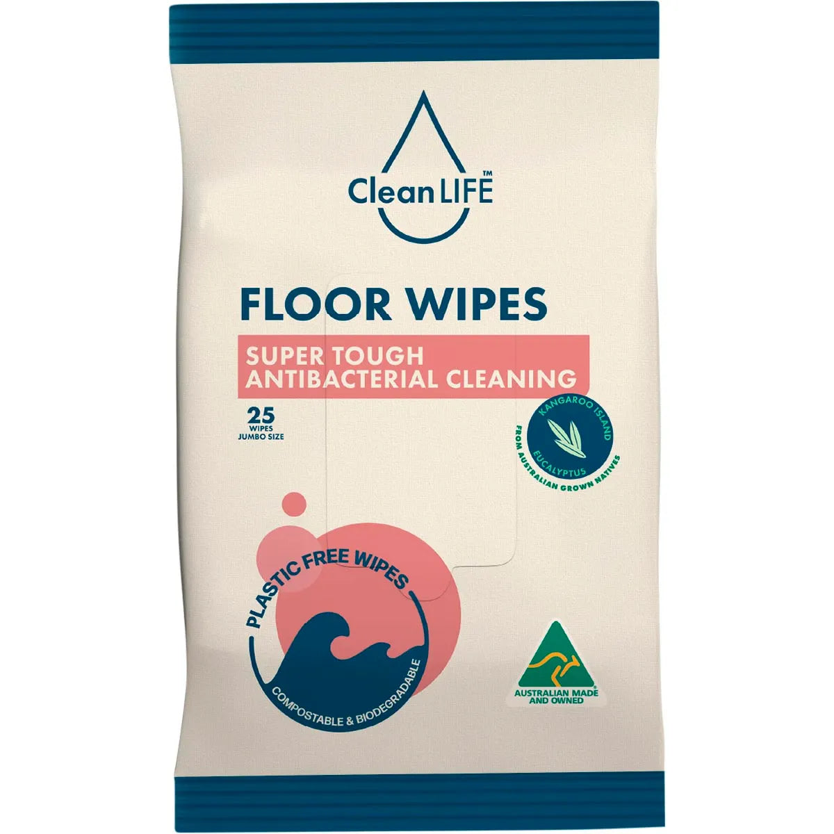 CleanLife Floor Plastic Free Wipes Antibacterial Cleaning 25pk