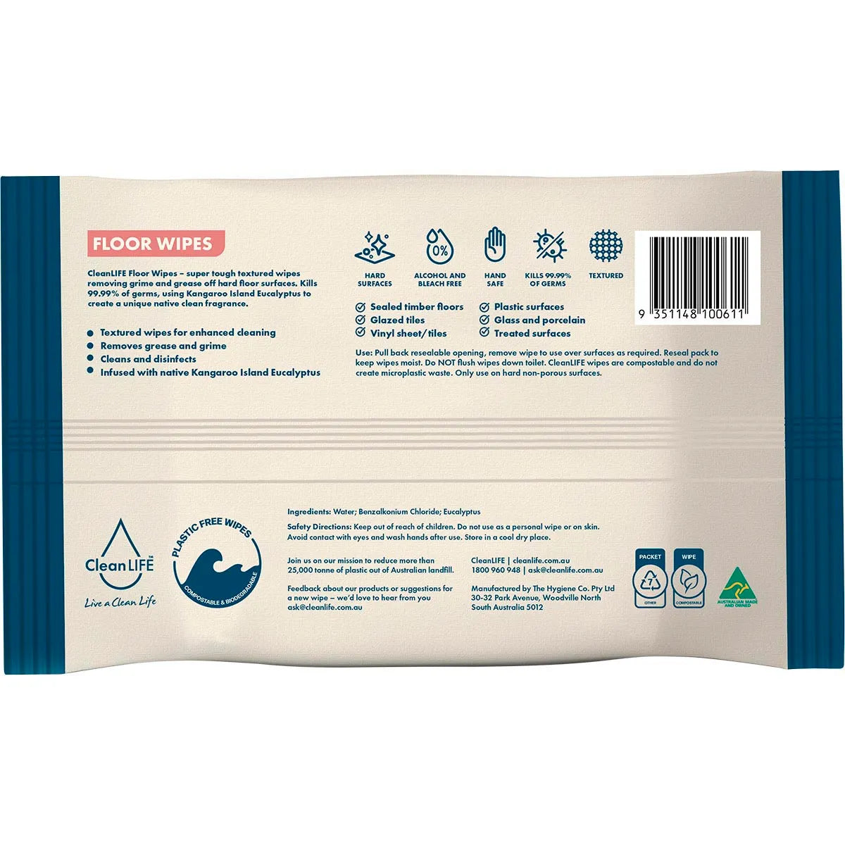 CleanLife Floor Plastic Free Wipes Antibacterial Cleaning 25pk