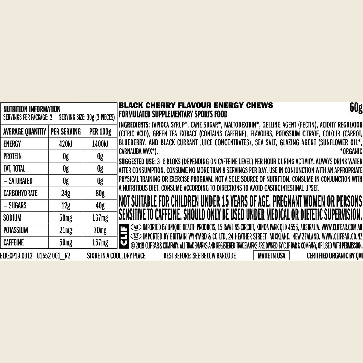 Clif Bloks Energy Chews Black Cherry 50Mg Caffeine 60g Pack of 18 Nutritional Information