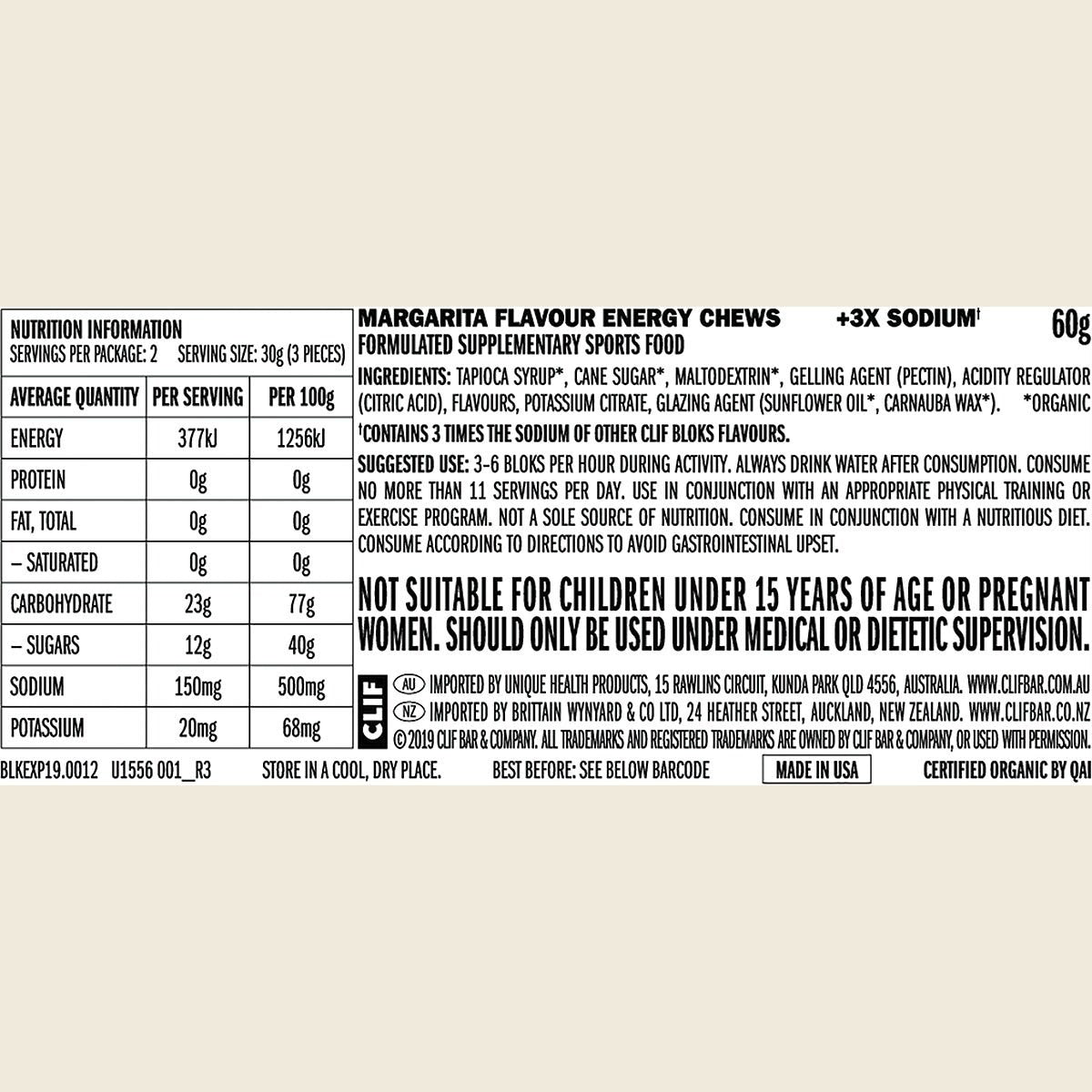 Clif Bloks Energy Chews Margarita 150Mg Sodium 60g Pack of 18 Nutritional Information