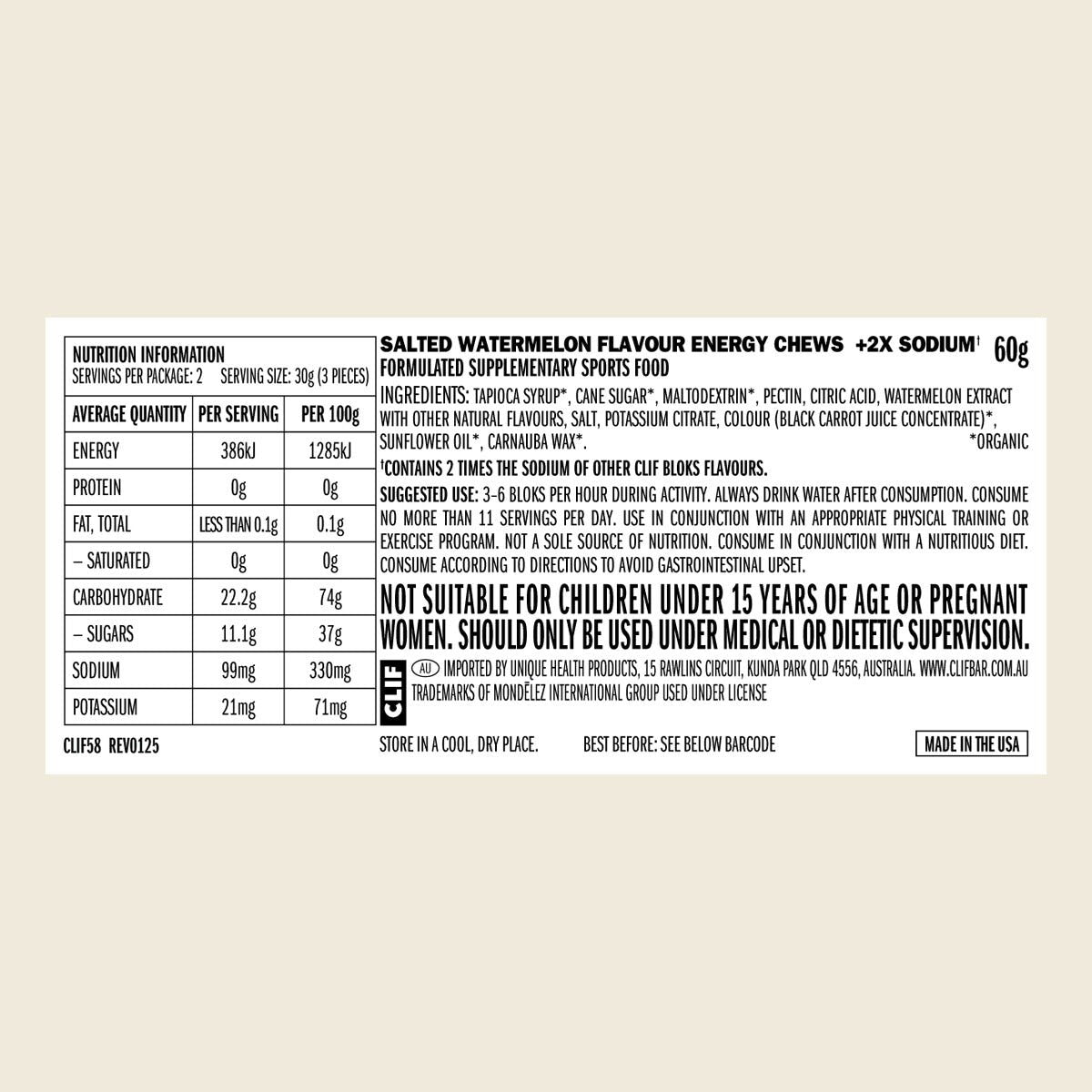 Clif Bloks Energy Chews Salted Watermelon 100Mg Sodium 60g Pack of 18 Nutritional Information