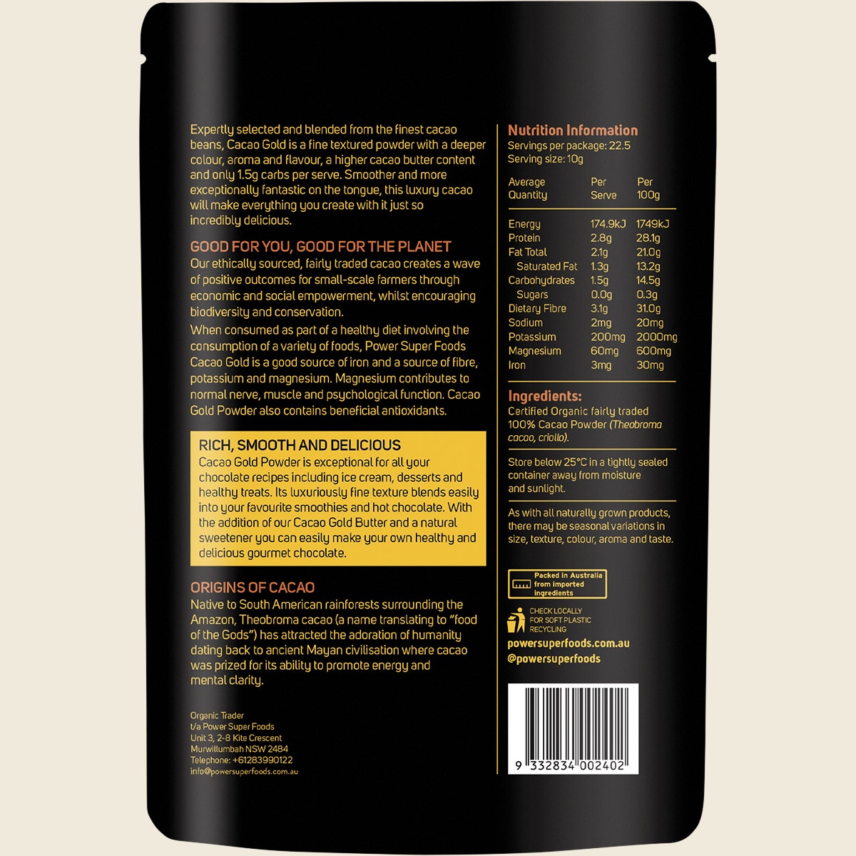 Power Super Foods Cacao Gold Powder 225g back label