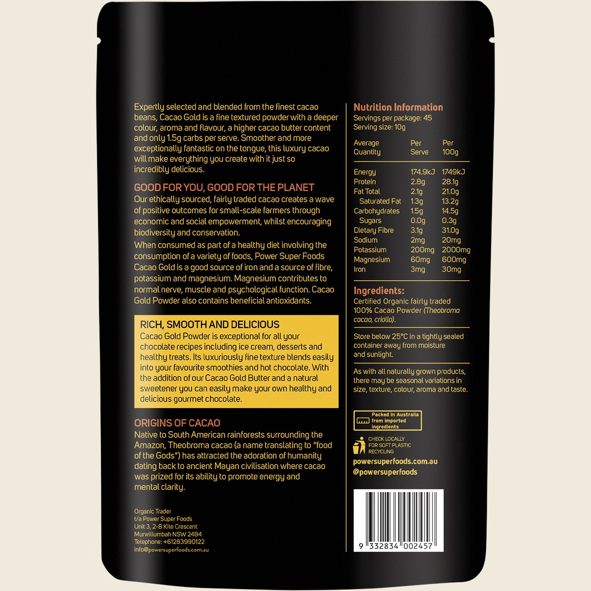 Power Super Foods Cacao Gold Powder 450g back label