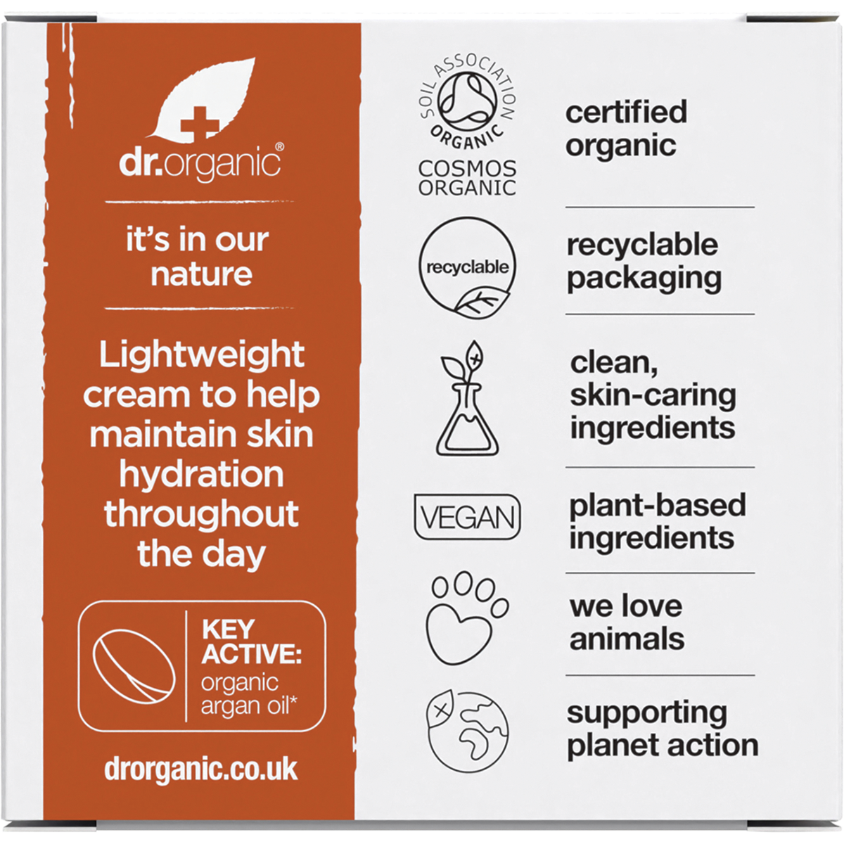 Dr Organic Certified Organic Moroccan Argan Oil Day Cream 50ml box back view
