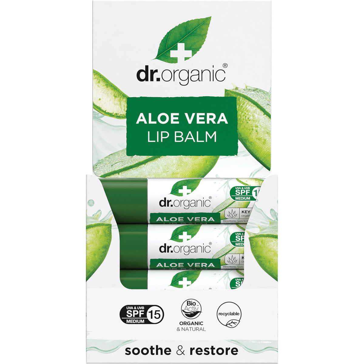 Dr Organic Lip Balm SPF 15 Aloe Vera 5.7ml display