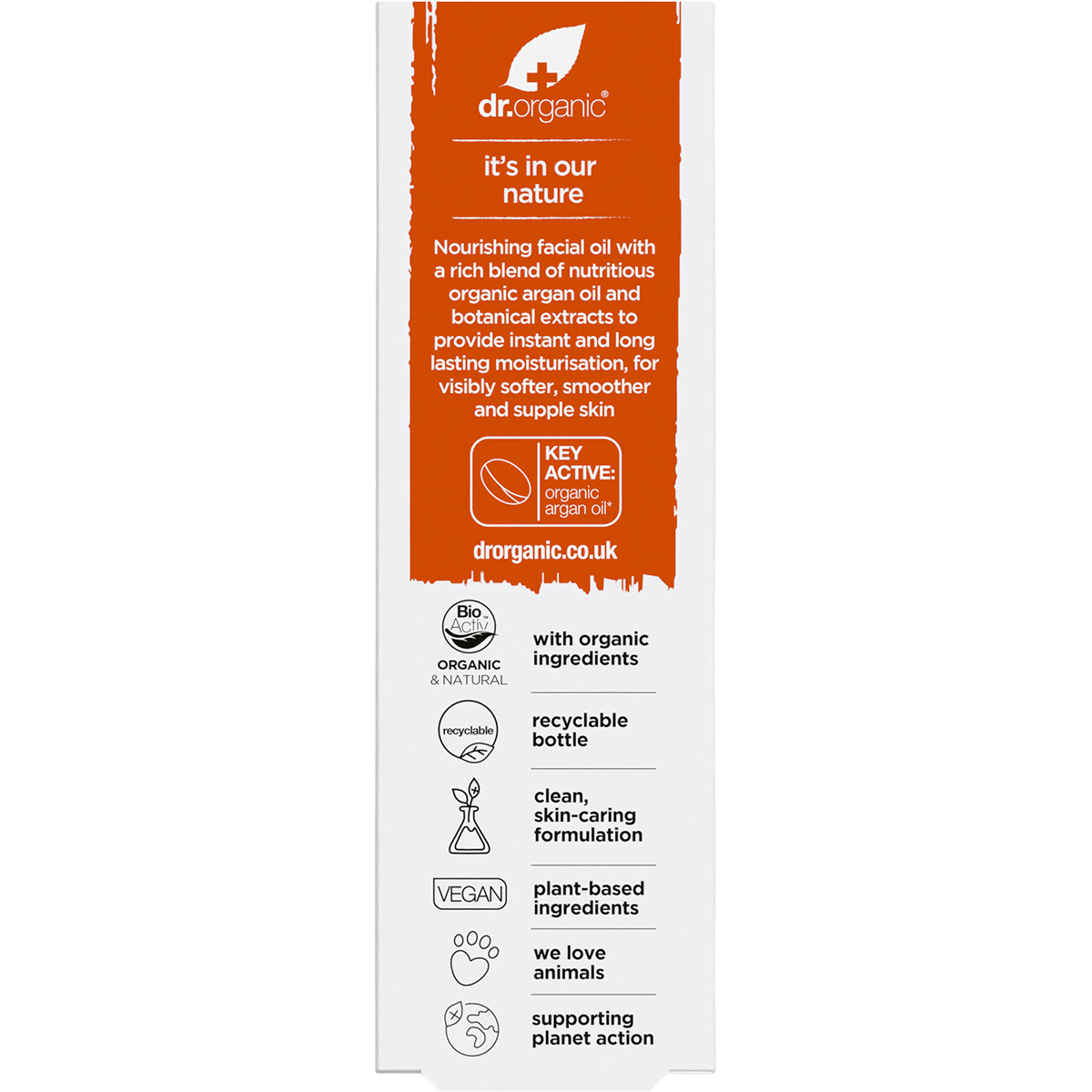 Dr Organic Organic & Natural Facial Oil Organic Moroccan Argan Oil 30ml box back view