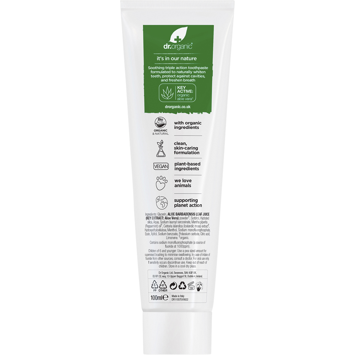 Dr Organic Toothpaste Aloe Vera 100ml back