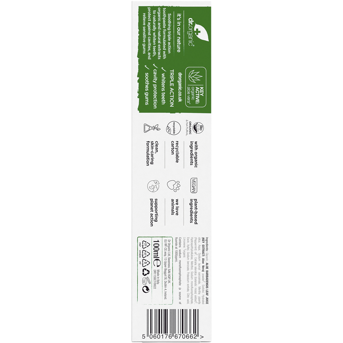 Dr Organic Toothpaste Aloe Vera 100ml carton back