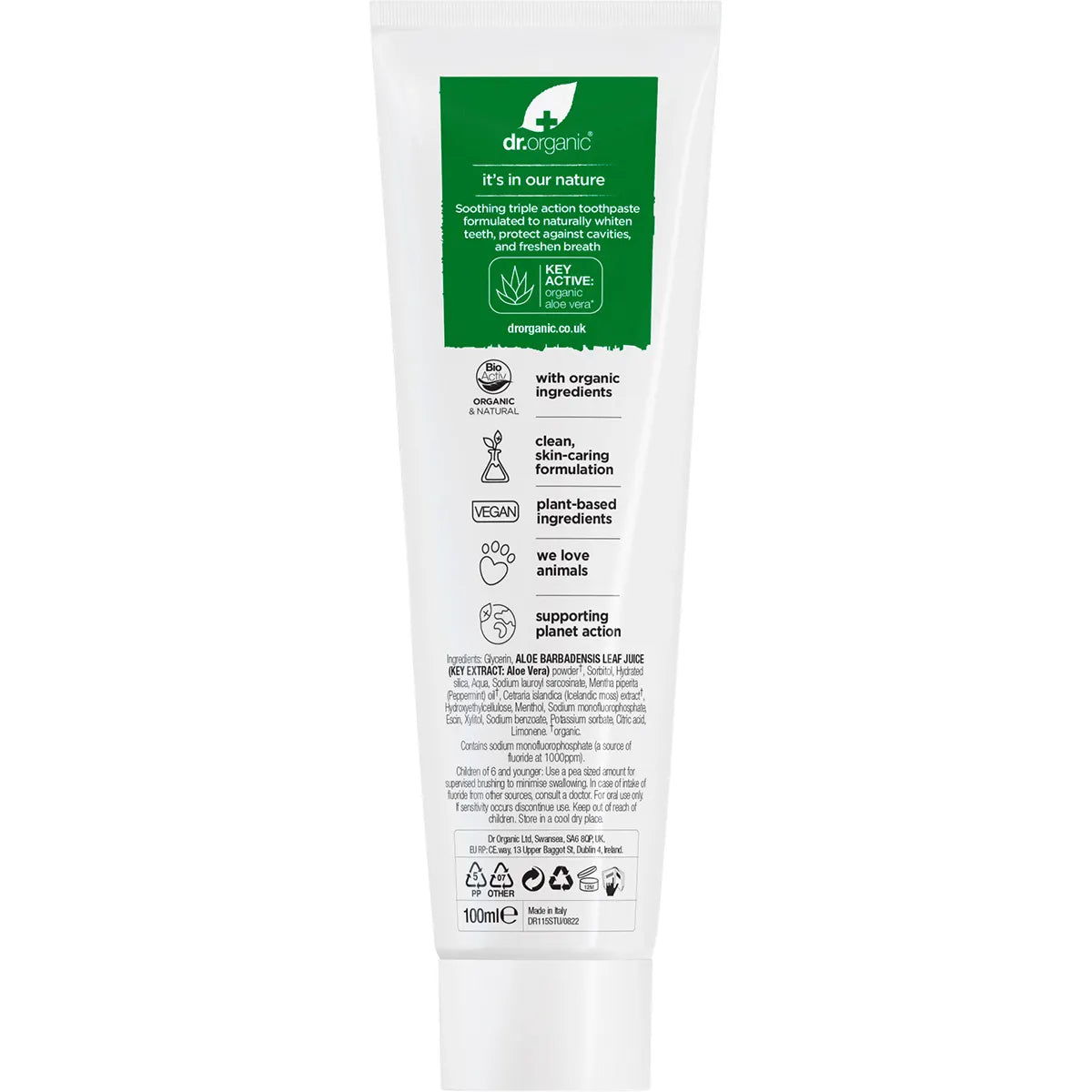 Dr Organic Organic & Natural Toothpaste Whitening Organic Aloe Vera 100ml Back