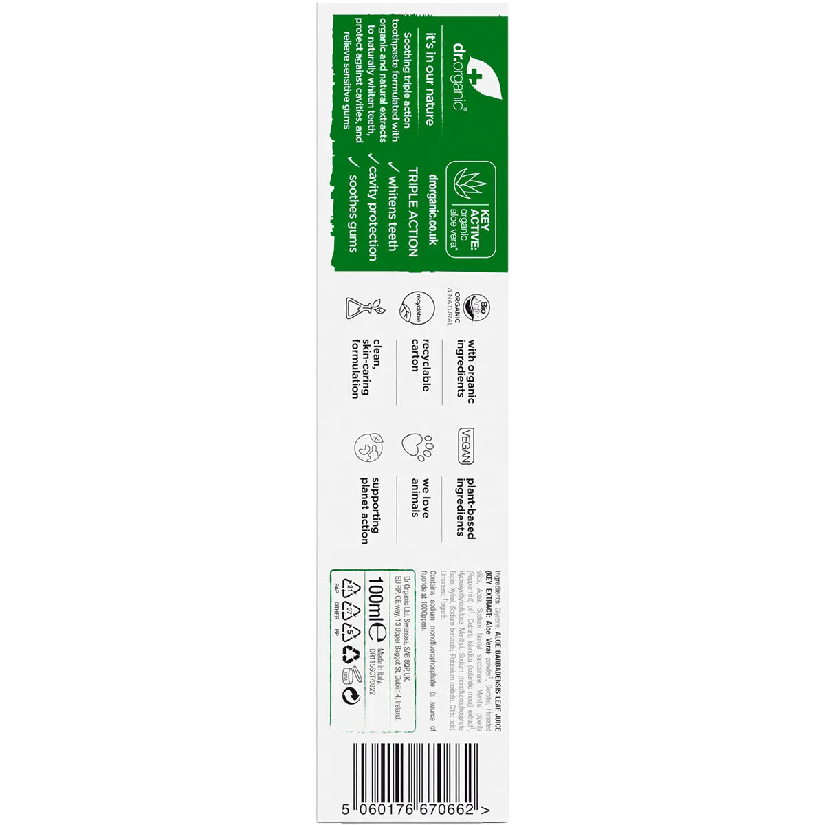 Dr Organic Organic & Natural Toothpaste Whitening Organic Aloe Vera 100ml Box Back