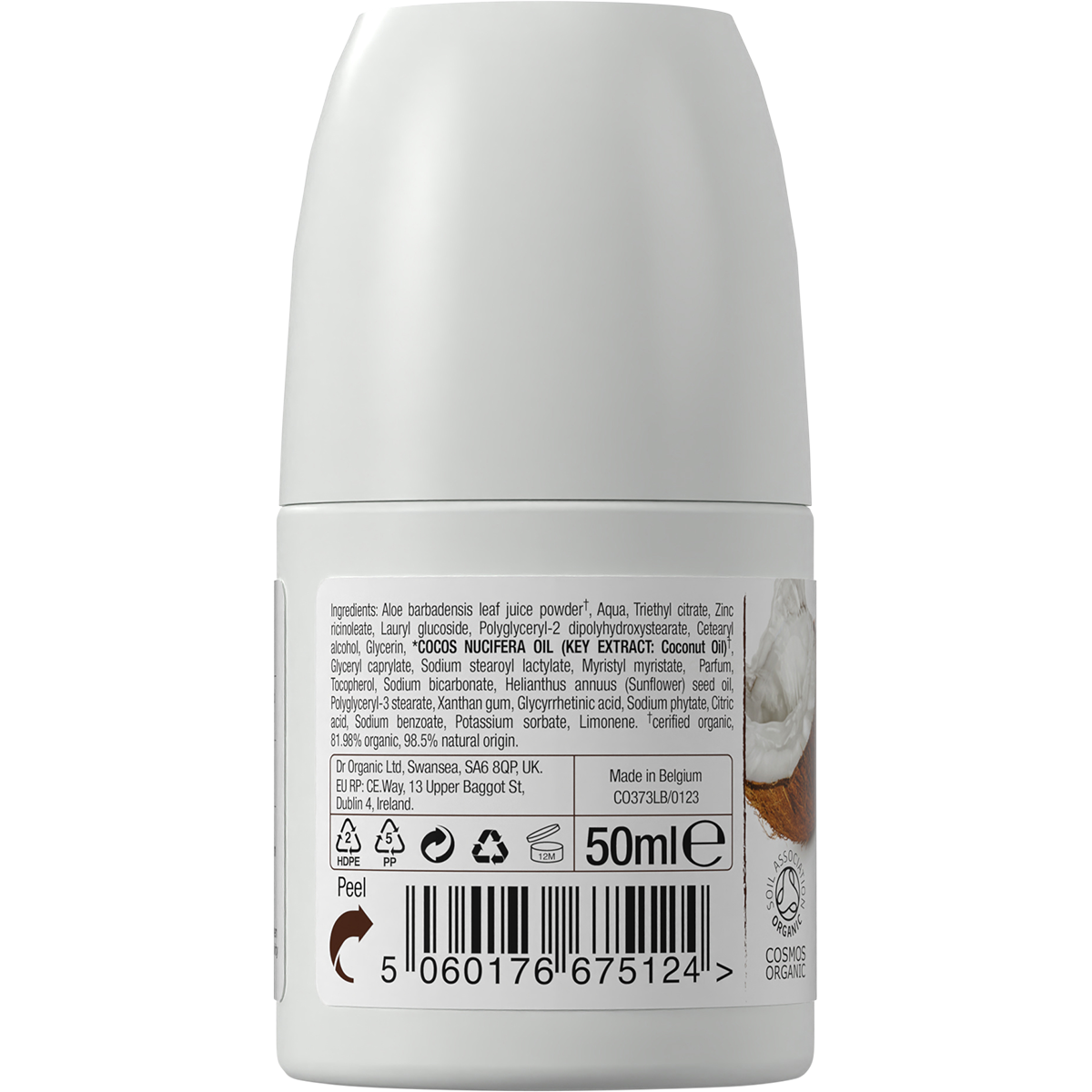 Dr Organic Certified Organic Roll-On Deodorant Organic Virgin Coconut Oil 50ml back view