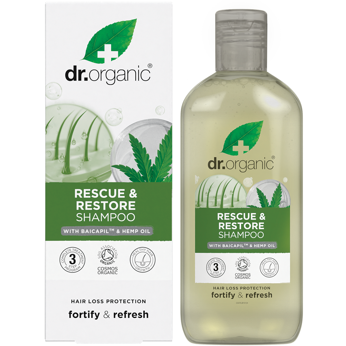 Dr Organic Rescue & Restore Shampoo Hemp Oil 265ml product and carton