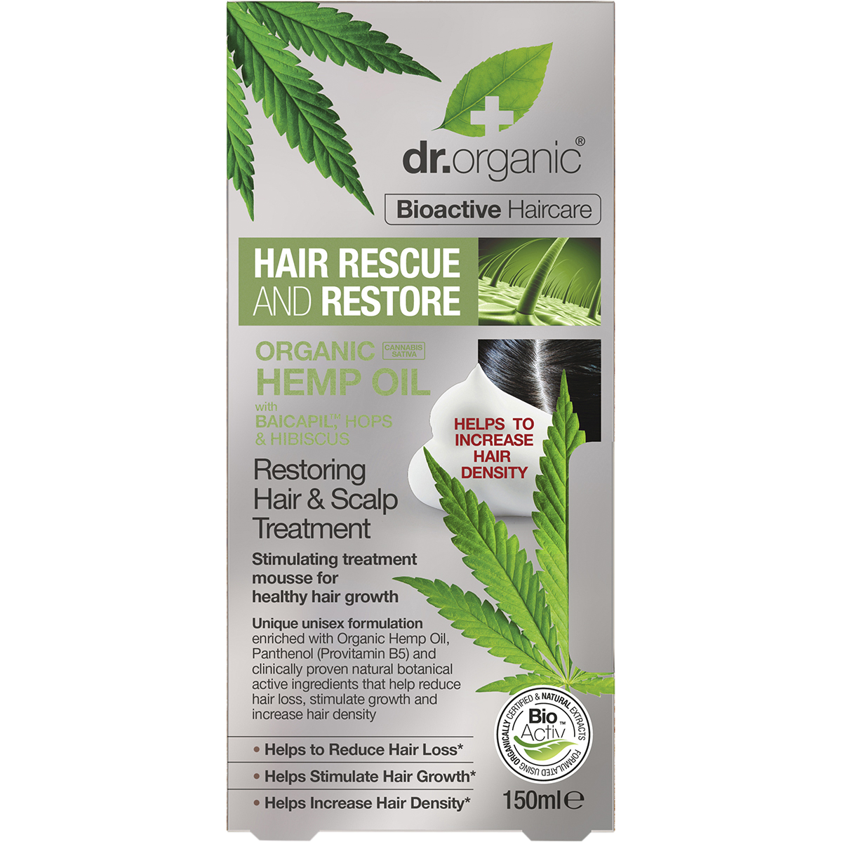 Dr Organic Certified Organic Hair & Scalp Treatment Restoring Organic Hemp Oil 150ml box view