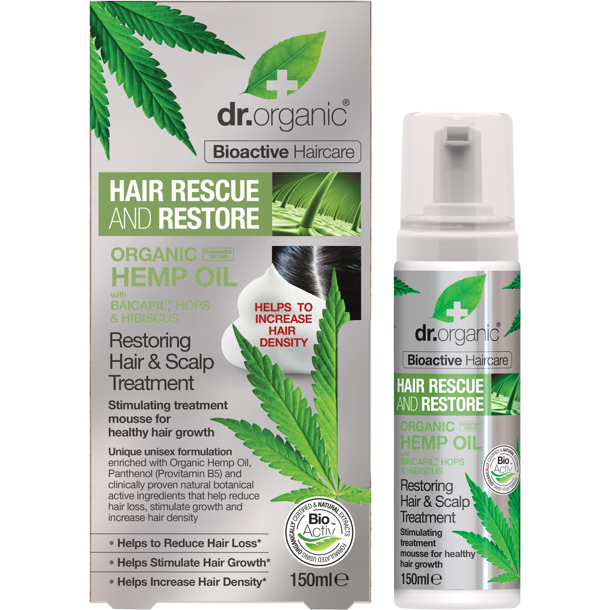 Dr Organic Certified Organic Hair & Scalp Treatment Restoring Organic Hemp Oil 150ml product and box view