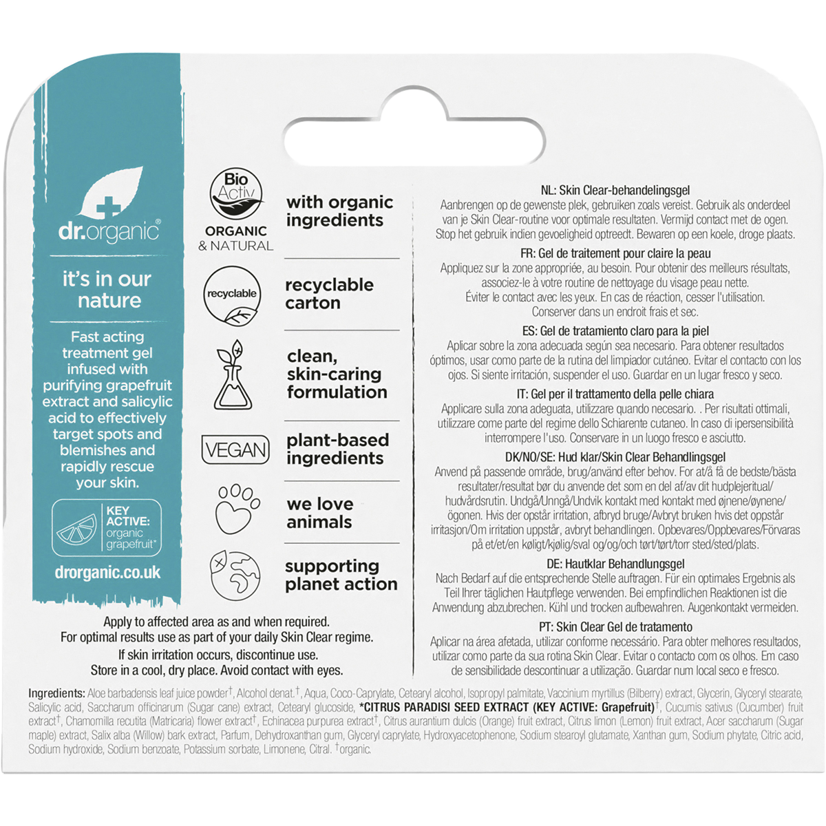 Dr Organic Organic & Natural Treatment Gel Skin Clear Organic Tea Tree 10ml box back view