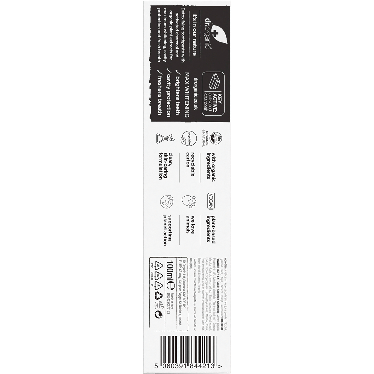Dr Organic Toothpaste Charcoal Whitening 100ml carton back