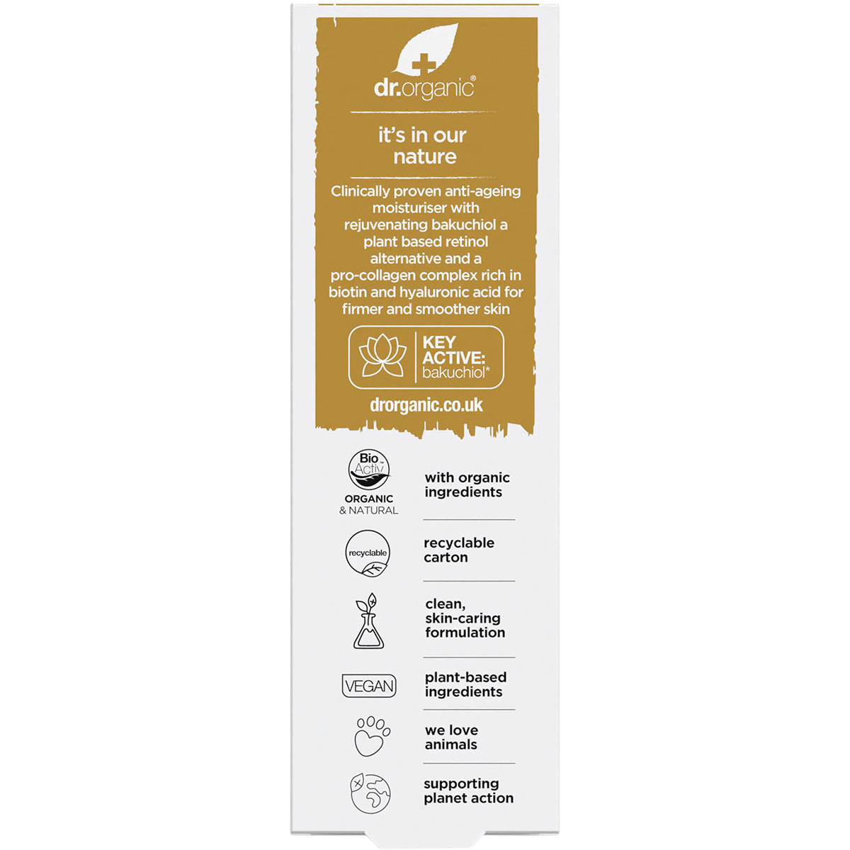 Dr Organic Organic & Natural Pro Collagen Plus+ Anti-Ageing Moisturiser Bakuchiol 50ml box back view