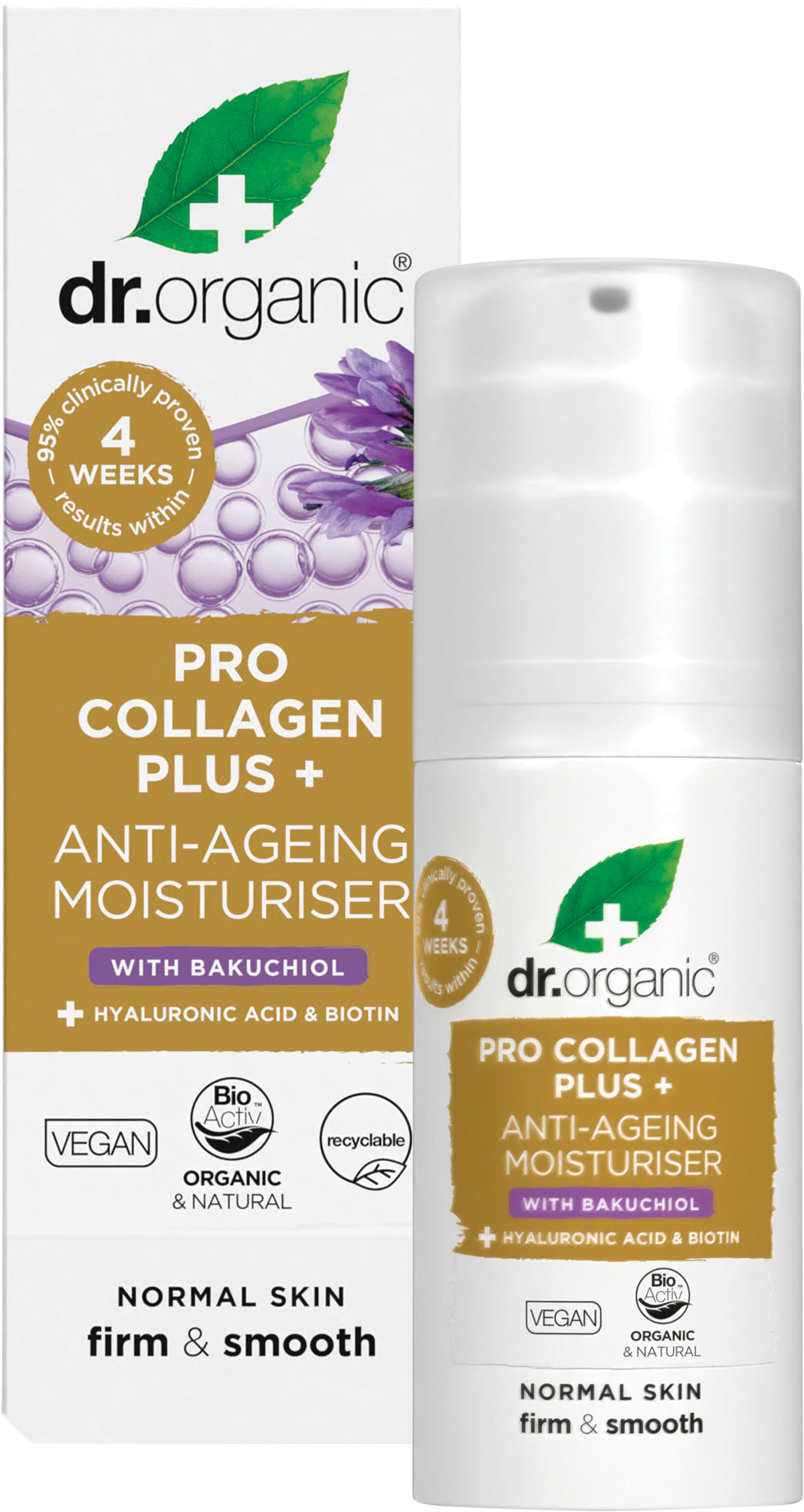 Dr Organic Pro Collagen Plus+ Anti-Ageing Moisturiser Bakuchiol 50ml product and carton