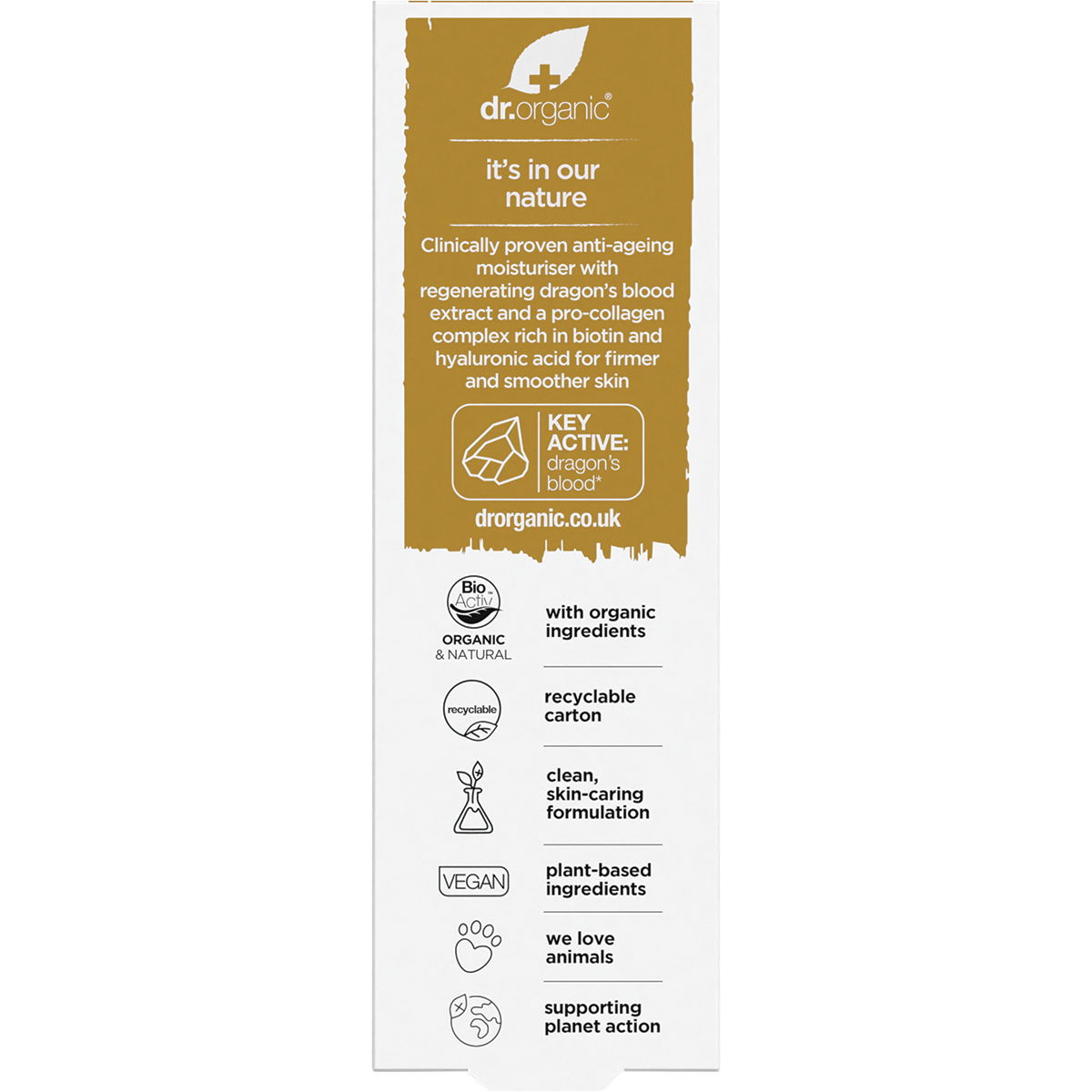 Dr Organic Pro Collagen Plus+ Anti Ageing Moisturiser Dragon Blood 50ml carton back