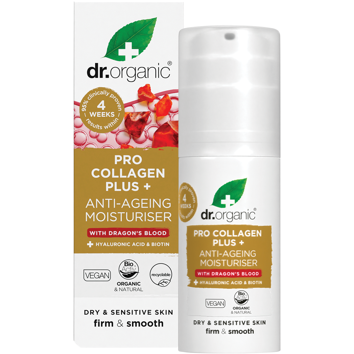 Dr Organic Pro Collagen Plus+ Anti Ageing Moisturiser Dragon Blood 50ml product and carton