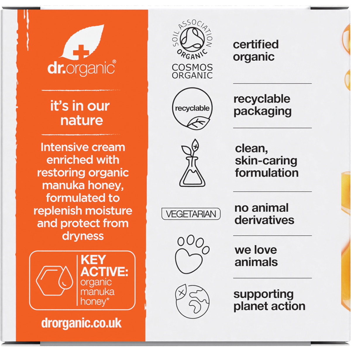Dr Organic Certified Organic Rescue Cream Organic Manuka Honey 50ml box back view
