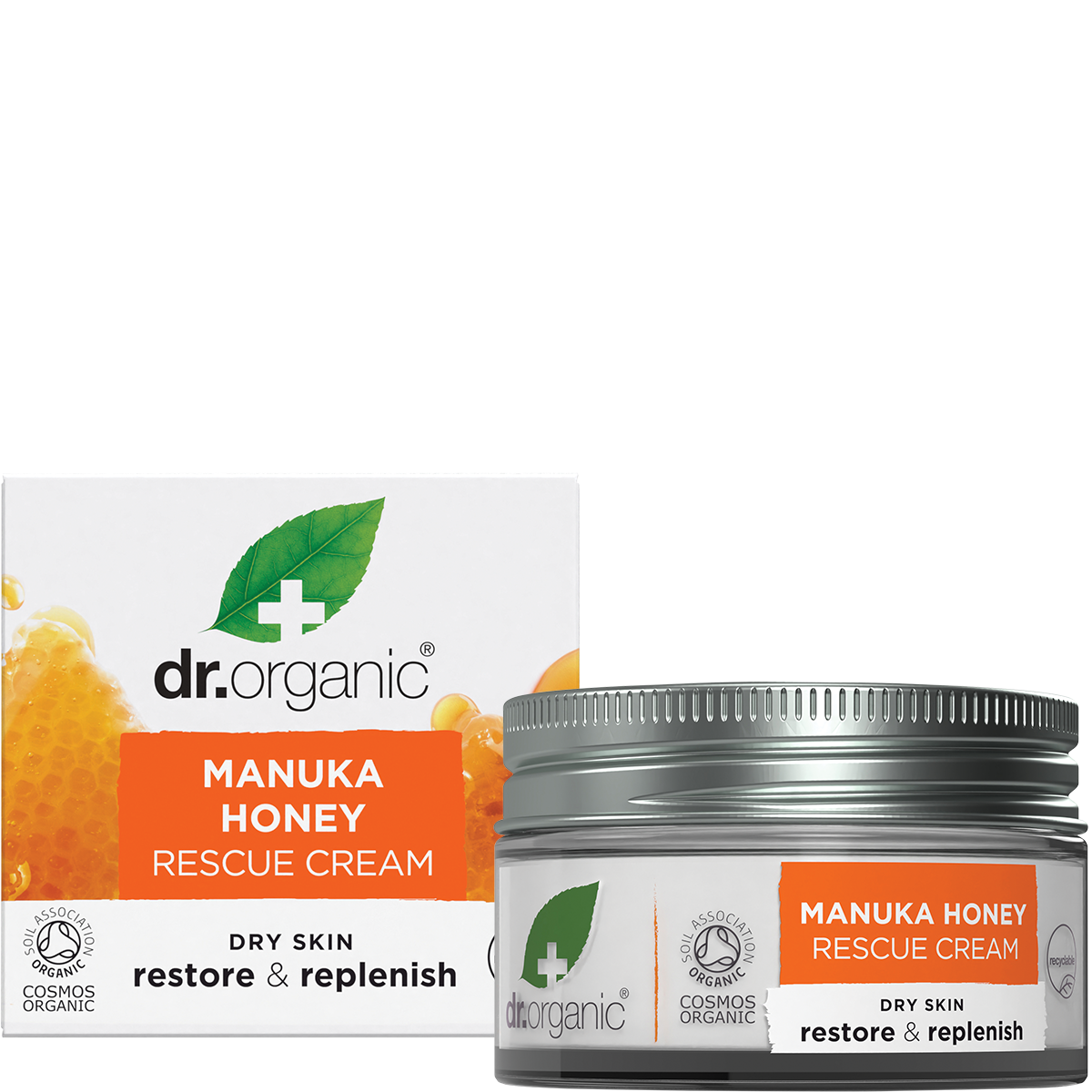 Dr Organic Certified Organic Rescue Cream Organic Manuka Honey 50ml product and box view