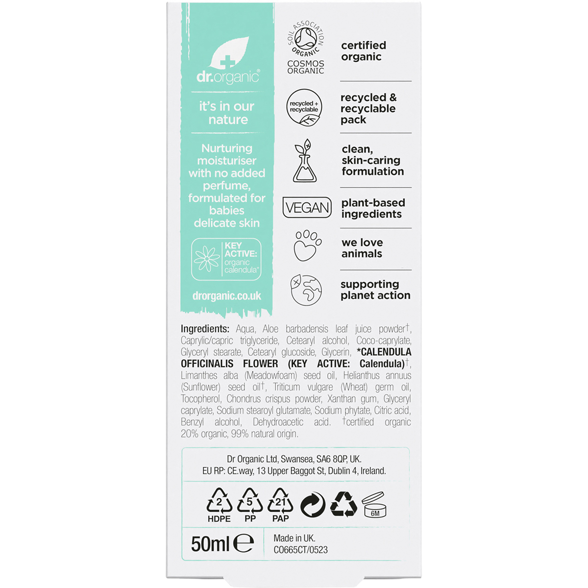 Dr Organic Baby Cream with Calendula 50ml carton back