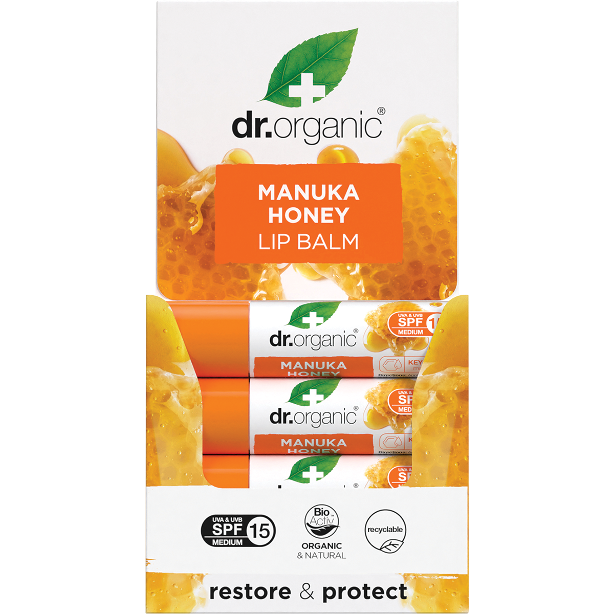 Dr Organic Organic & Natural Lip Balm SPF 15 Manuka Honey 5.7ml display view