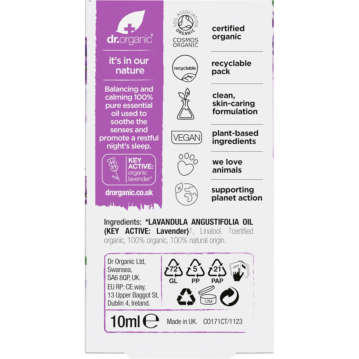 Dr Organic Lavender Oil 100% Pure 10ml carton back